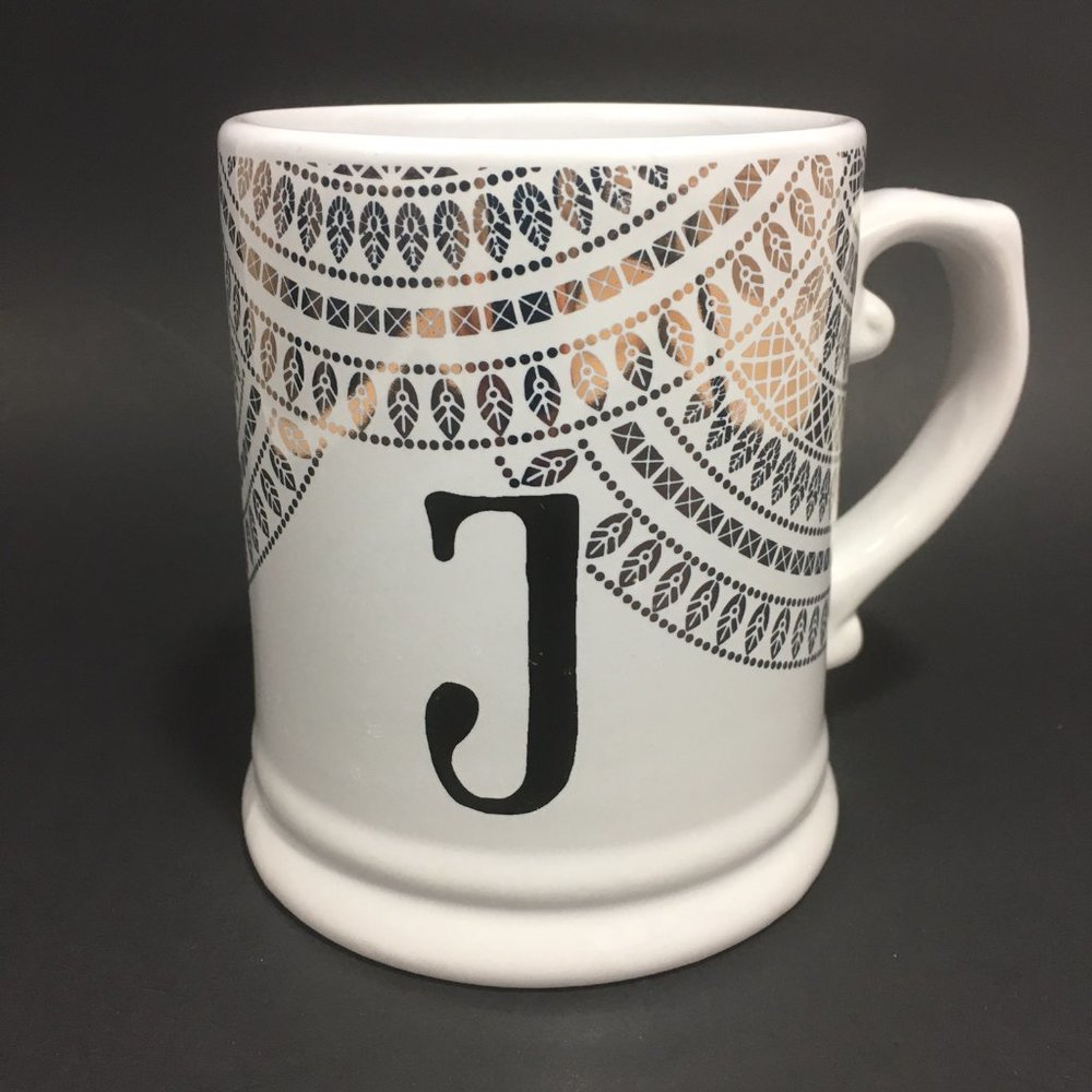 Monogram Initial "J" Mug White with Gold & Silver Embellishments